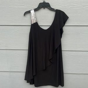 Sophia Christina mini black dress with silver shoulder strap